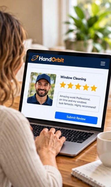 Illustration: the customer looks at a rating screen for the provider on her laptop