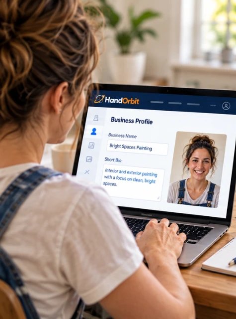 Illustration: a painter fills in her business profile on a laptop