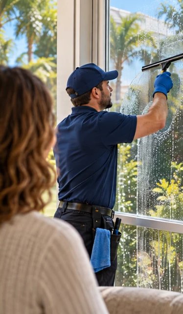Illustration: the provider cleans a window while the customer watches
