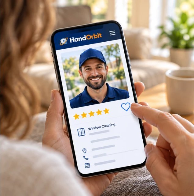 Illustration: a customer taps the favorite heart on a provider profile on her phone
