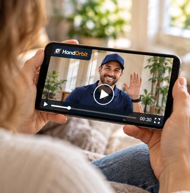 Illustration: a customer holds a tablet showing a provider's introduction screen