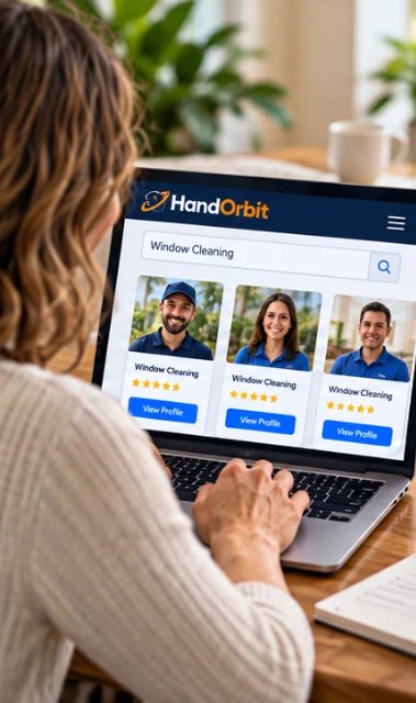 Illustration: a customer browses window cleaning providers on HandOrbit on her laptop