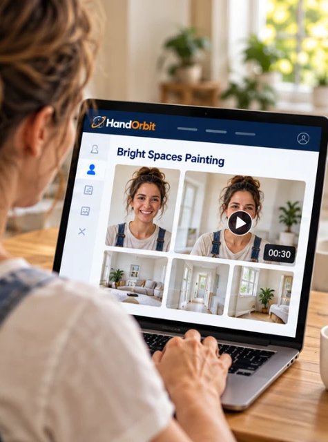 Illustration: the painter reviews her work gallery on a laptop