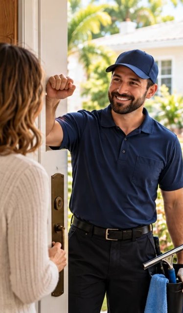Illustration: the same smiling provider arrives at the customer's front door