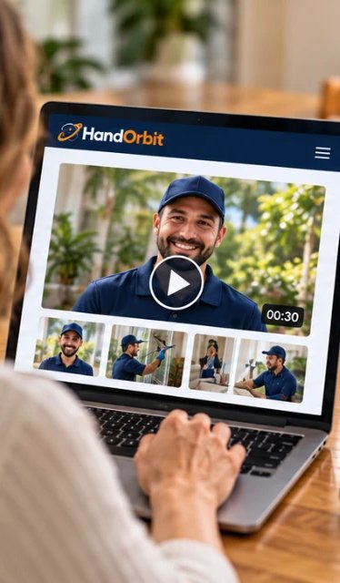 Illustration: the customer views a provider's introduction screen on her laptop