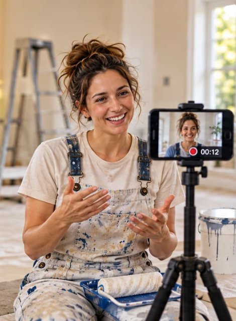Illustration: the painter records a short introduction with a phone on a tripod