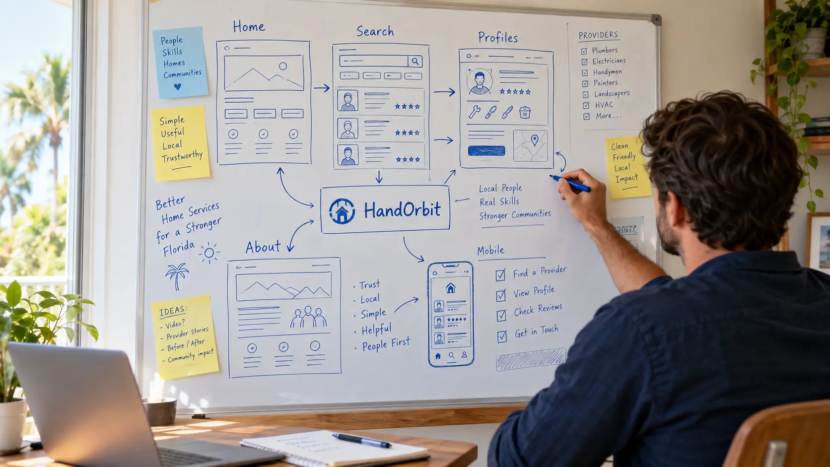 Illustrative photo: early HandOrbit sketches on a whiteboard; not a photograph of the founder